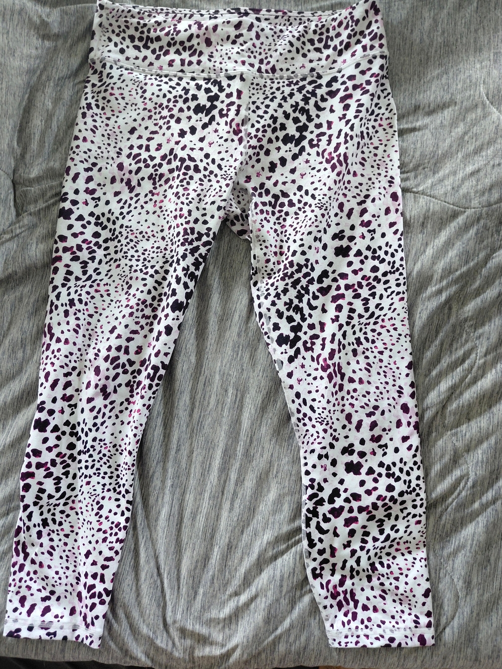 Fabletics White Leggings with Purple and Black Leopard Spots